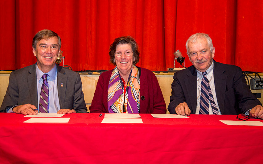 (Pictured left to right: Curry College President Kenneth K. Quigley, Jr., Superintendent of Milton Public Schools Mary Gormley, and Curry College Provost Dr. David Szczerbacki)