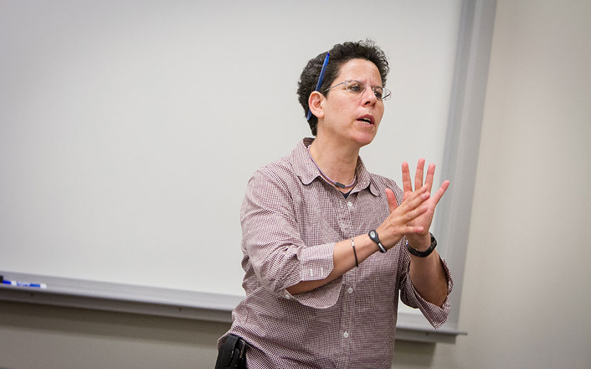 Dr. Karen Lischinsky, professor of Criminal Justice and Sociology, delivers a lecture to Curry College students.