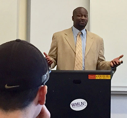 A. Sherrod Blakely, of NBC Sports Boston, is a regular visitor to Curry's campus to speak with students in the multimedia sports journalism program.
