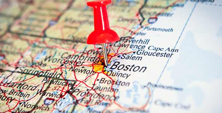 Map with red pushpin on Curry College's location