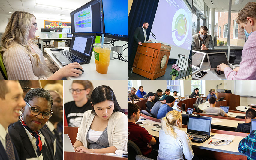A collage of business and computer science majors in the classroom and at internships