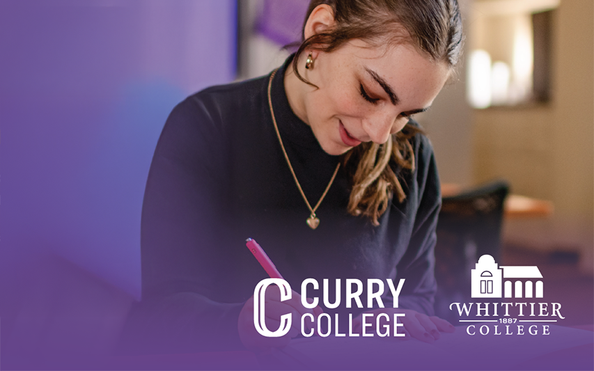 A student works in the Curry College PAL Assitive Technology Center - with an overlay of Curry College and Whittier College logos