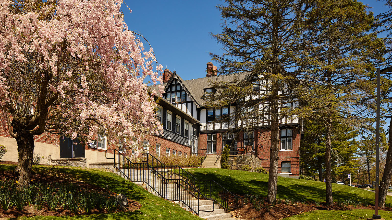 Main House Exterior with flowered trees