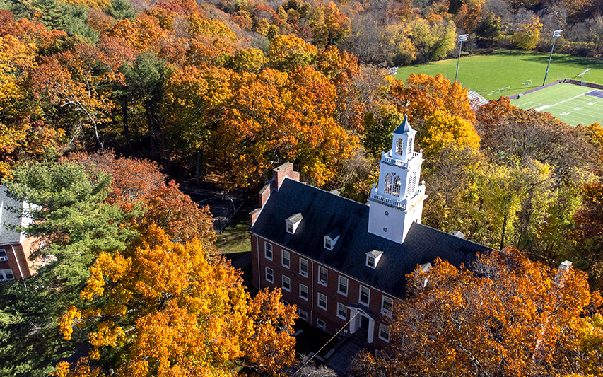 State House seen from above in autumn at Curry College