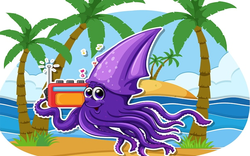Student Job Expo logo of a purple octopus on a tropical island