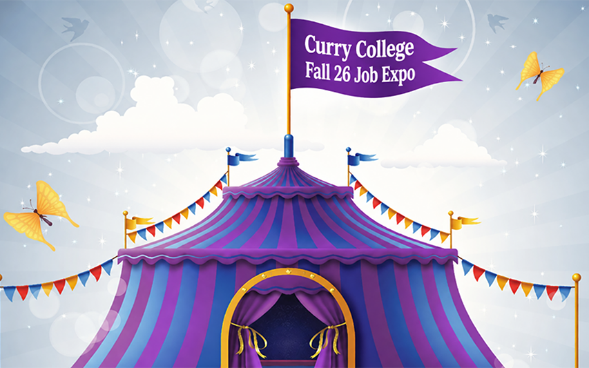 Student Job Expo poster represented by a purple Carnival tent
