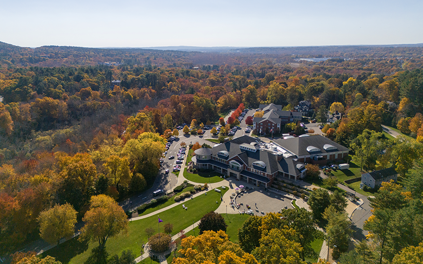 Curry College Student Center in Autumn from above
