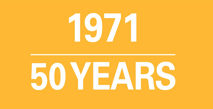 White Text on Gold Background "1971: 50 Years" 