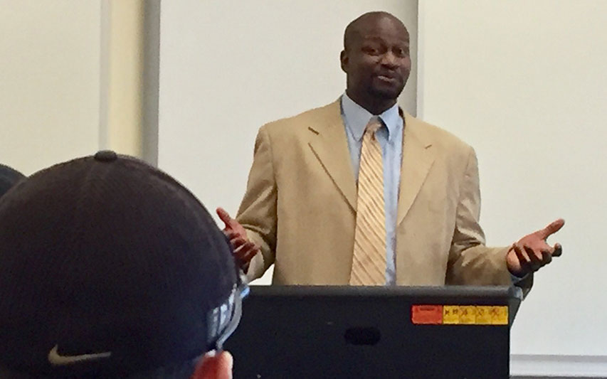 NBC Boston Celtics Reporter A. Sherrod Blakely addresses Communication students.