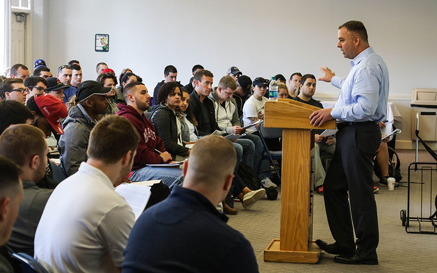 Lieutenant Justin Hanrahan of the Watertown Police Department leads civil service exam preparation course for Criminal Justice students.