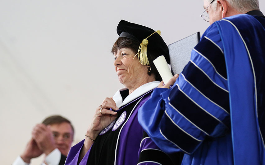 Curry College alumna Karen A. Daley '85, Hon. '17, Ph.D., R.N., FAAN, is awarded an honorary Doctor of Humane Letters degree.