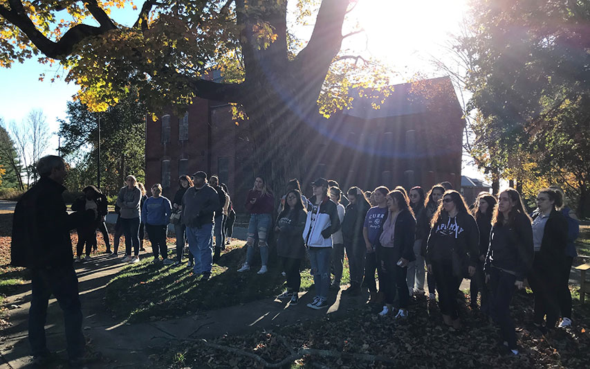 Psychology Professor, Dr. Elizabeth Carey recently led some 50 Psychology Club students on a visit to the Medfield State Hospital, originally the Medfield Insane Asylum.