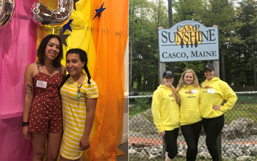 Curry College Students and Alumna pose for photos at their respective volunteer camp sites