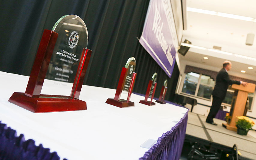Curry College Athletic Hall of Fame Awards on display