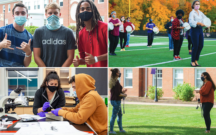 A collage of students socializing in masks on campus during COVID