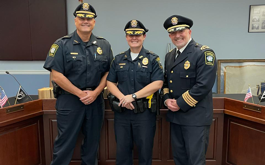 Melissa Greener, MACJ ’07 was sworn in as the first female commander in the department’s history by Chief Anthony Marag ’92