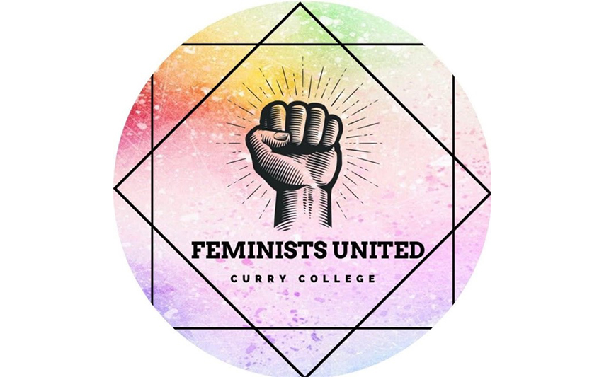 Rainbow background with Feminists United logo