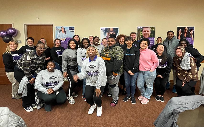 Students and staff pose at First Gen day 