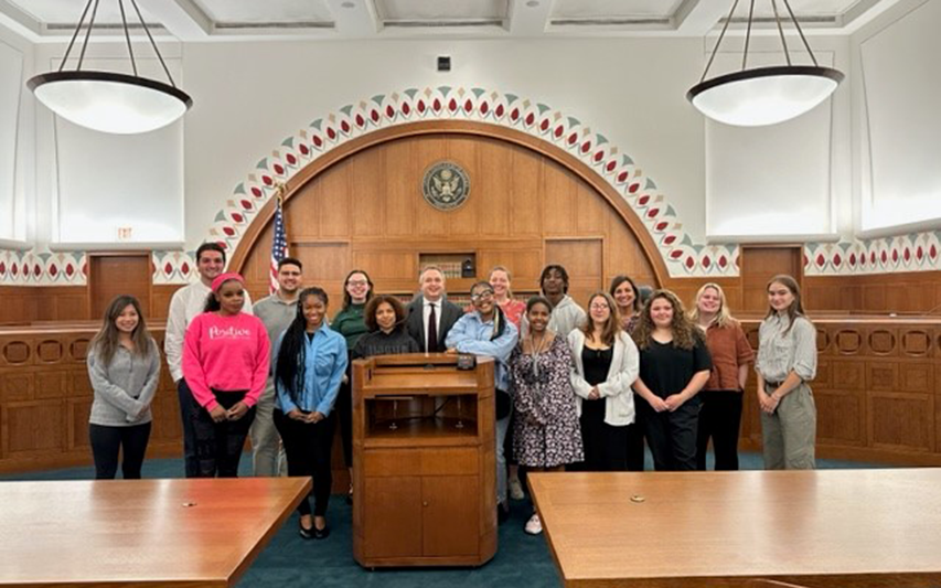 Students in the Criminal Justice, Sociology, and Transformative Justice programs visited the John Moakley Federal Courthouse during a recent experiential learning trip into Boston.