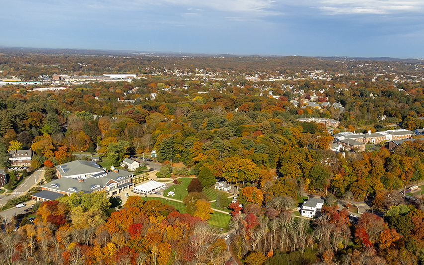 Milton, Massachusetts and the Curry College campus from above