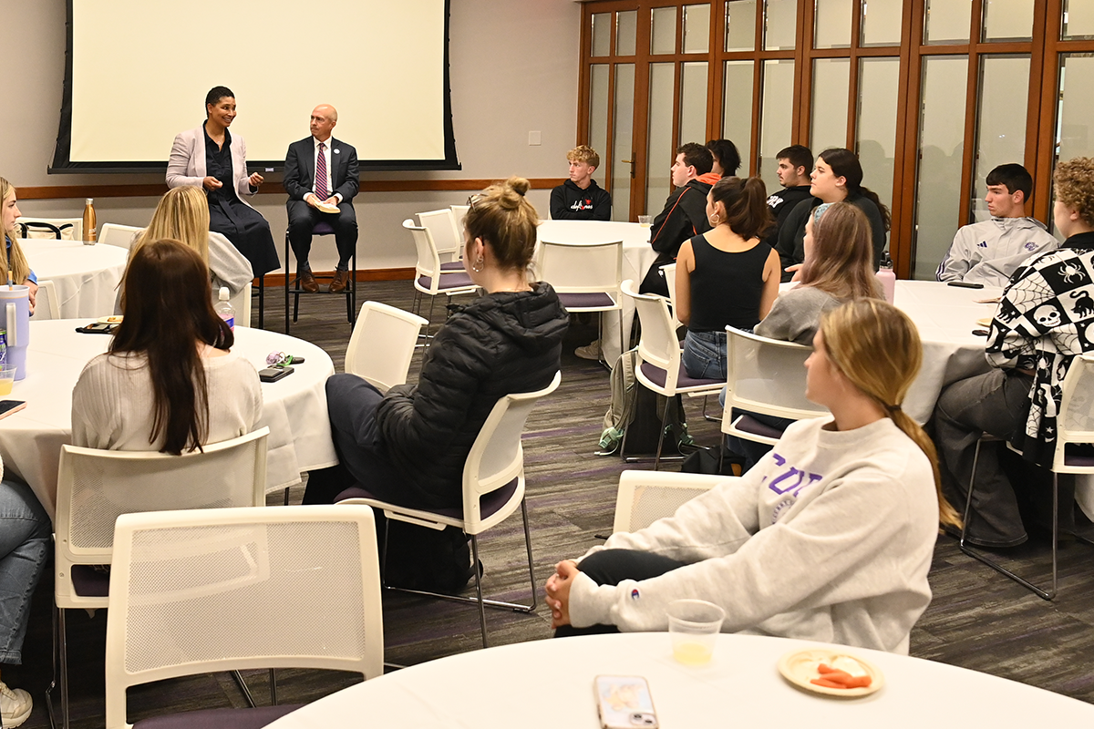Dr. Danielle Allen speaks with Curry College President's Leadership Program students