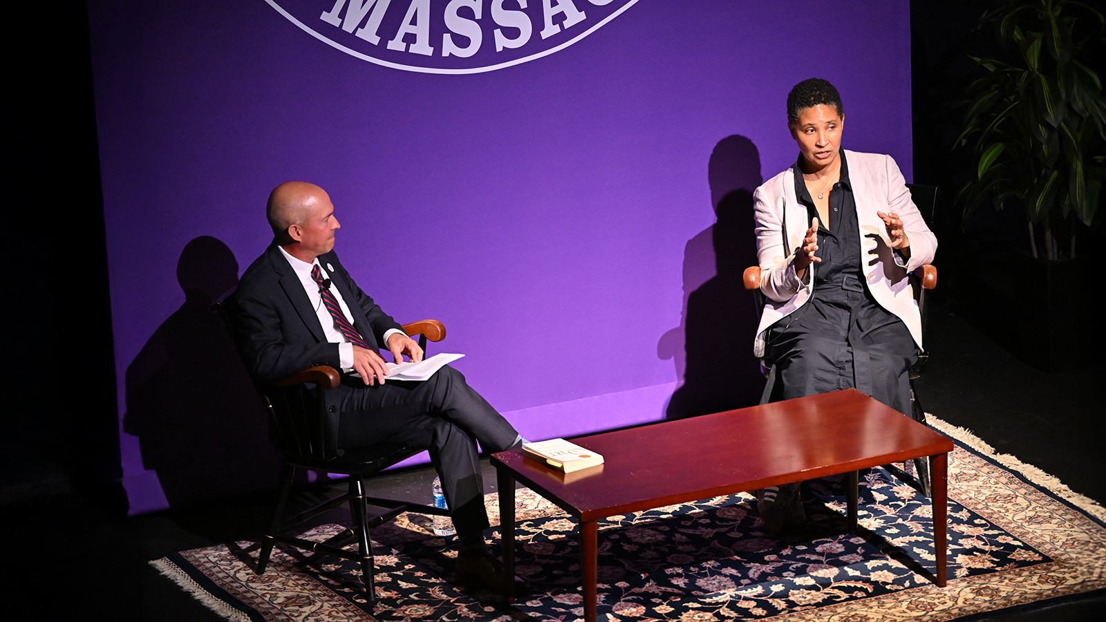 Dr. Danielle Allen speaks with Curry College President Jay Gonzalez at the Fall 2025 President's Speaker Series event