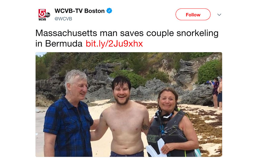 Curry College alumnus Allen Yannone poses with the two snorkelers he rescued in Bermuda.