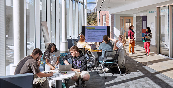 Curry College Magazine Cover Spring 2020 - Learning Commons in Use