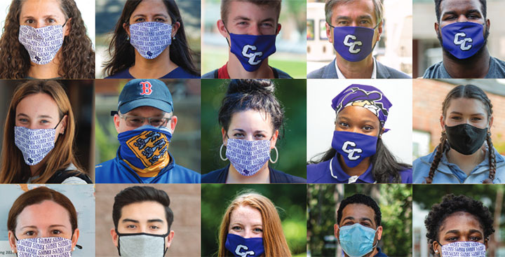 Curry College Magazine Cover Fall 2020 - A collage of masked students, faculty and staff