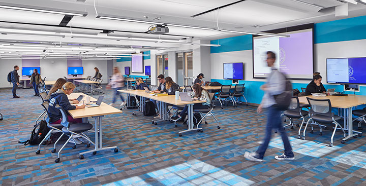 Students in the Curry College Learning Commons collaborative classroom