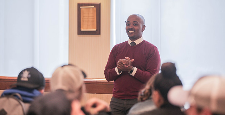 A Curry College faculty member teaches a class
