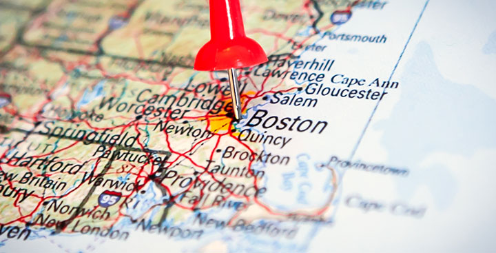 A map of Massachusetts with a pin in Boston