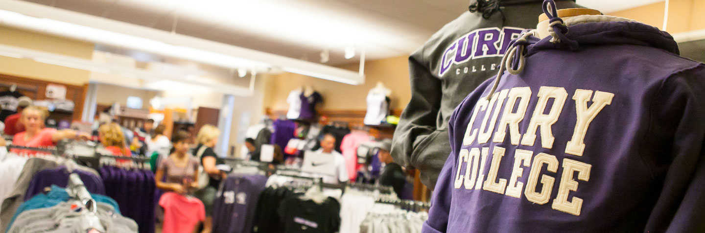Curry College clothing products displayed in the Bookstore
