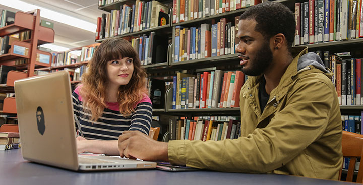 Students collaborate in the Levin Library at Curry College