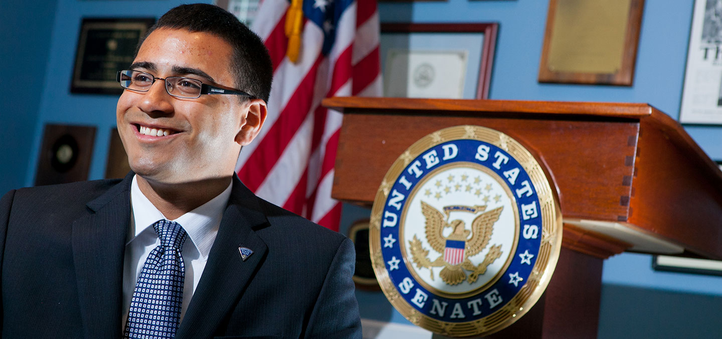 A Curry College student at his internship at the U.S. Senator's office