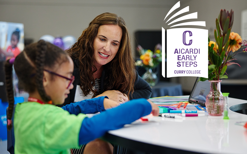 A student and teacher in the Aicardi Early Steps Program, work on an assignment together