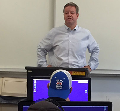 Boston Globe high school sports editor Craig Larson, an alumnus of Curry College, often returns to campus to speak to sports journalism students.