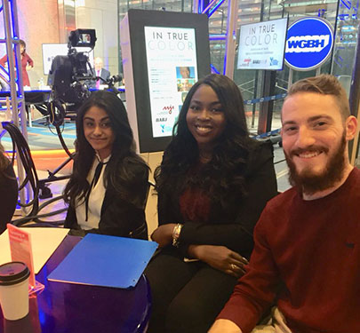 With Boston just a few miles from campus, students routinely head into the city for events and networking opportunities, such as this panel discussion on race and sports media at the WBUR studios.