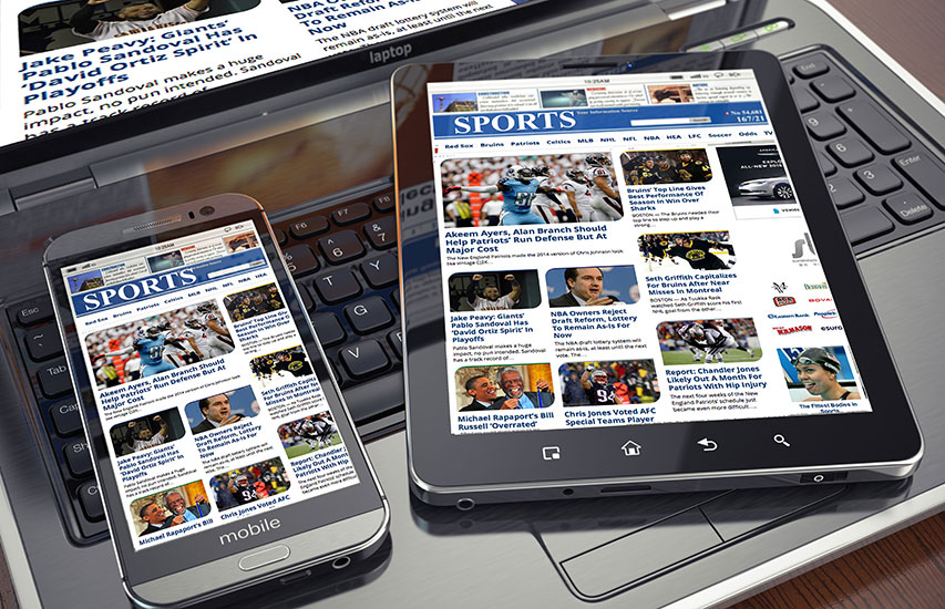 A variety of media devices representing the Multimedia SPorts Journalism concentration at Curry College