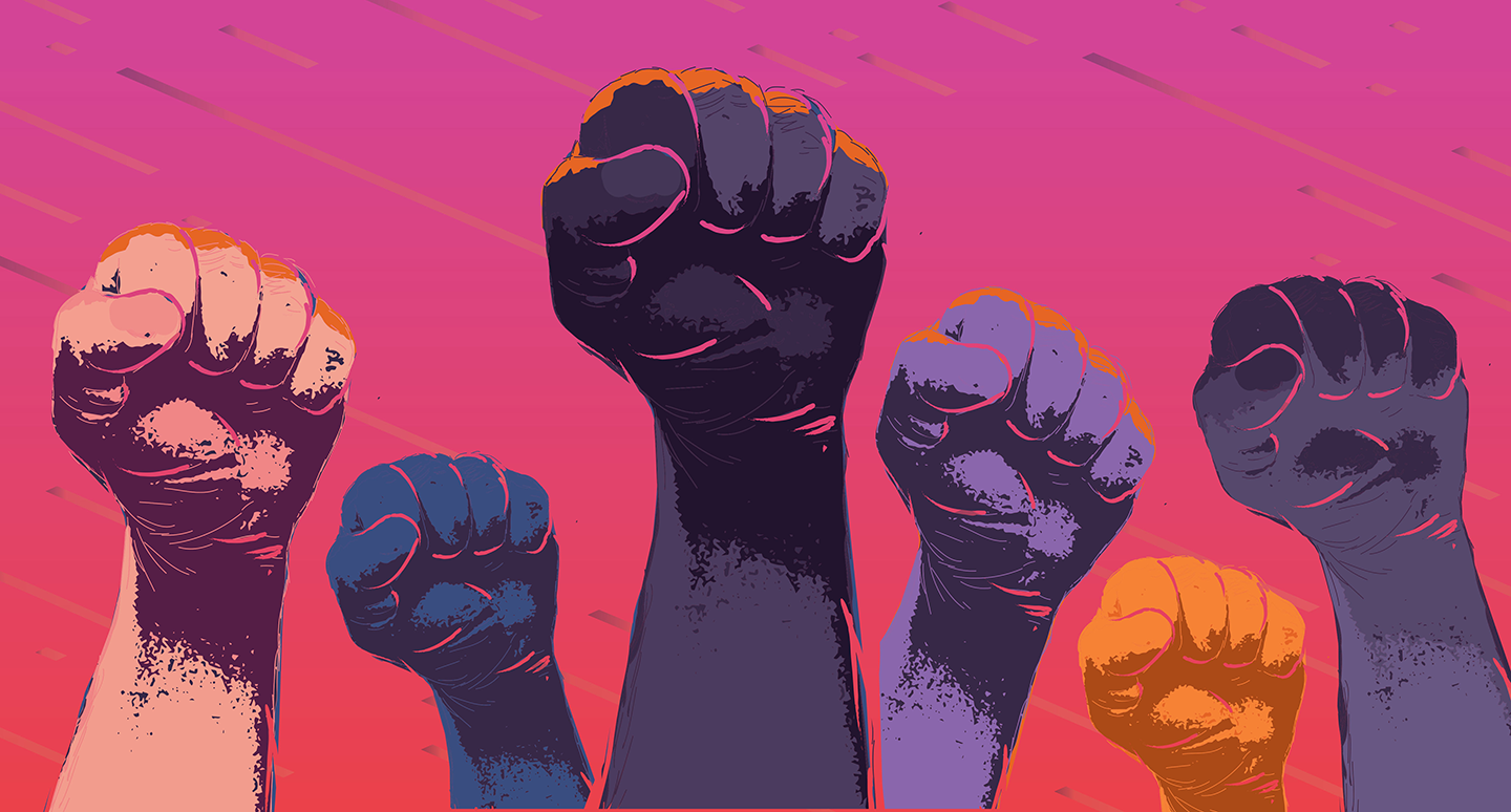 Fists in the air represent the Transformative Justice Major