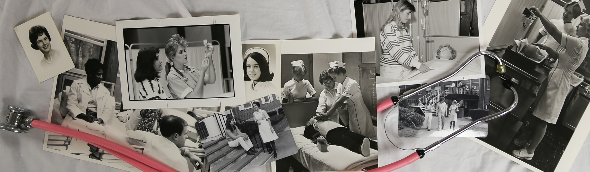 A collage of black and white photos from Curry College Nursing's early days of the program