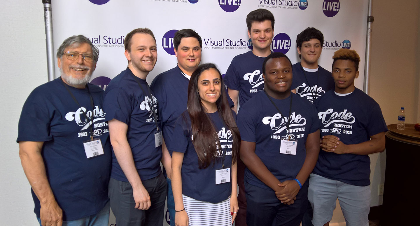 Software Development majors Acursia Carbo, Alex Antoine, Cam Gibbons, Justin Sowden, and Marcel Mensah were joined by Curry alumni Matthew Gallagher '18, Keith Fitts '17, and Sara Morley '17 and Curry Professor Ron Krawitz at Visual Studio Live.