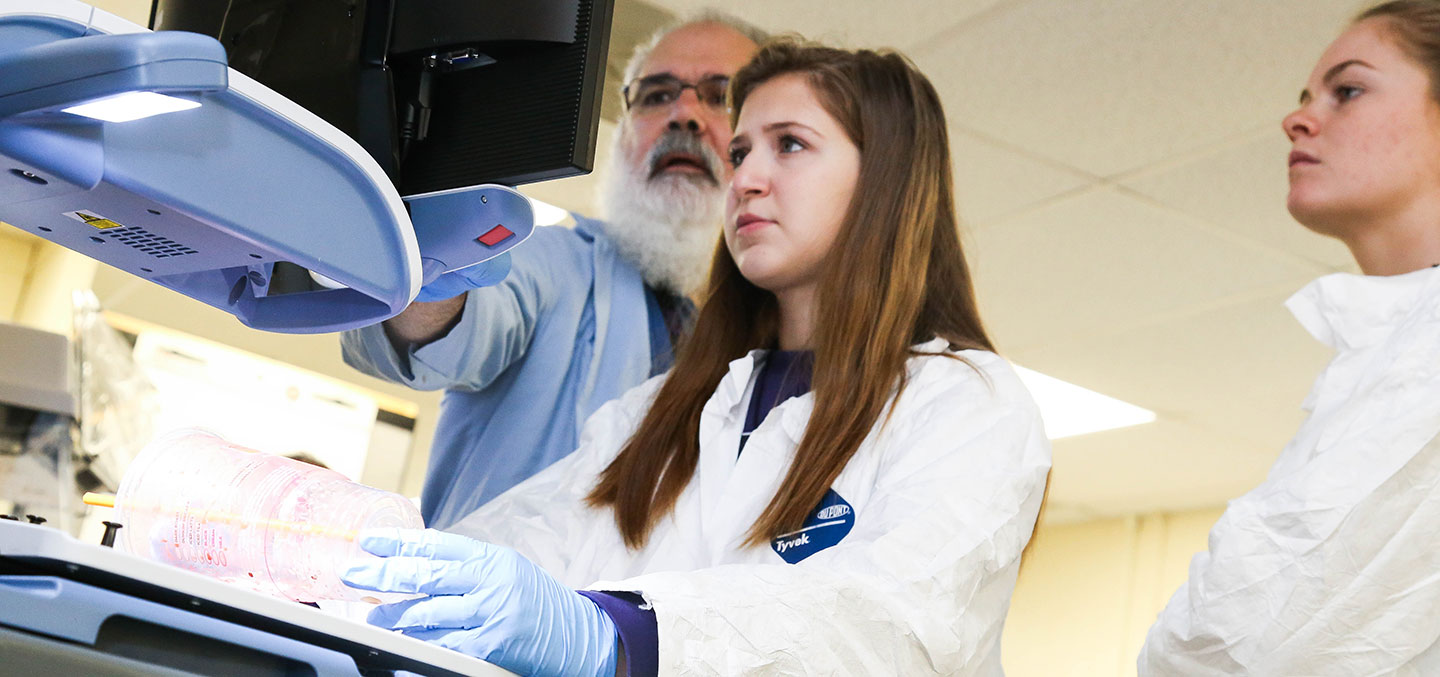 Students pursuing and Undergraduate Degree from Curry College collaborate with thier professor in the crime lab