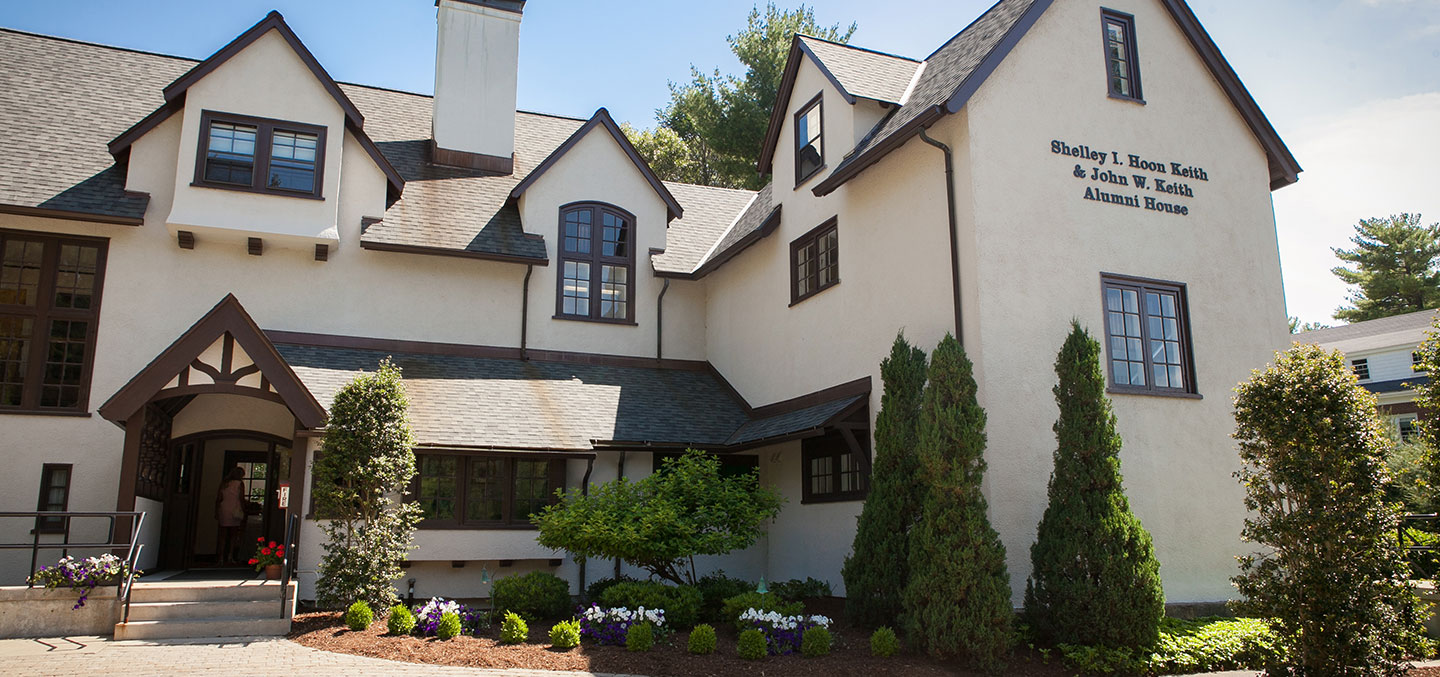 Contact Curry College Alumni relations representatives at Keith Alumni House (pictured)