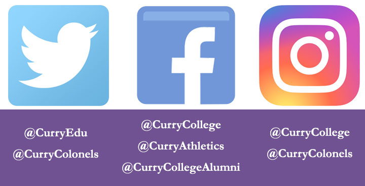 Curry College Social Media Handles - @currycollege, @curryedu, @curryathletics, @currycolonels