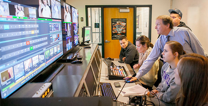 Curry College Communication students and faculty member collaborate in the TV Studio
