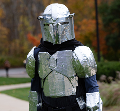 The Mandalorian poses on campus