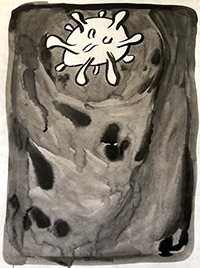 Liz Nofziger, 1 drawing of 32 from “Covid Dailies”. Sumi ink drawing on paper.