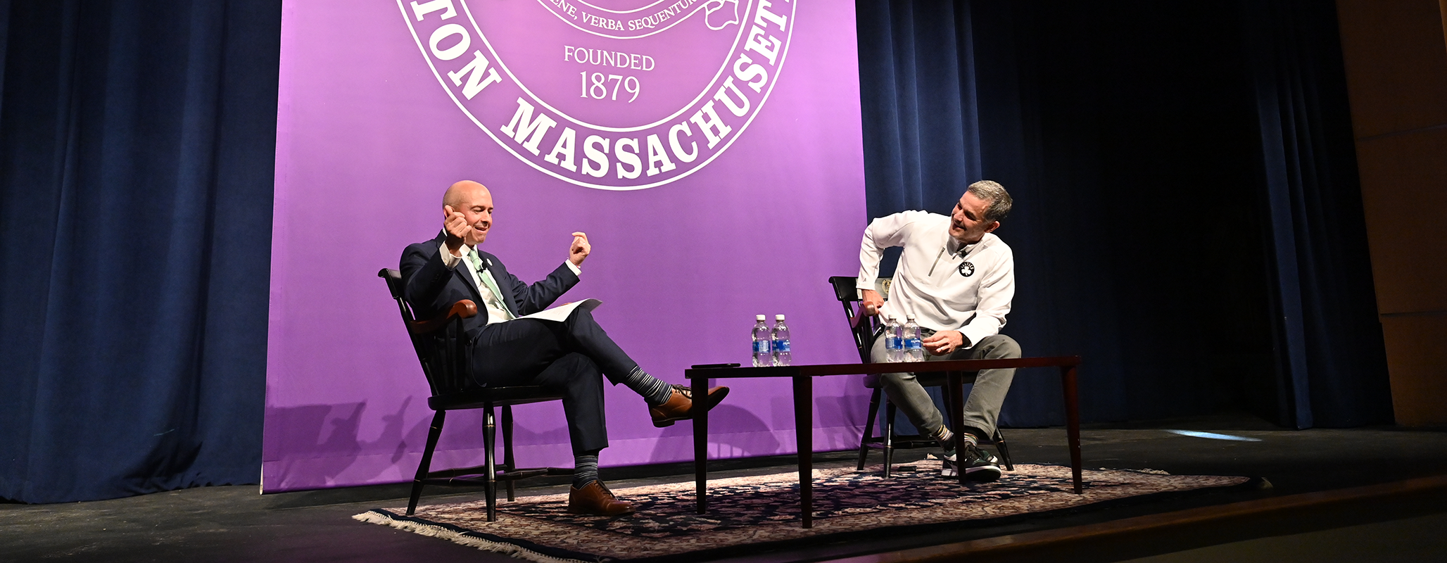 Keith Auditorium was filled to capacity with faculty, staff, and students, as Boston Celtics owner Bill Chisholm joined President Jay Gonzalez for the latest President's Speaker Series.