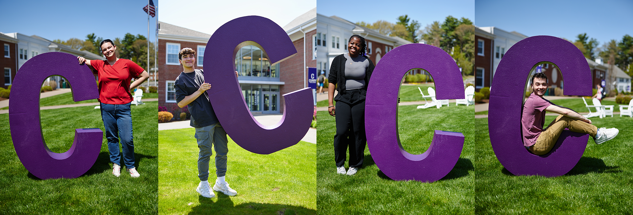 Students pose with the giant Curry purple 'C' on the Quad